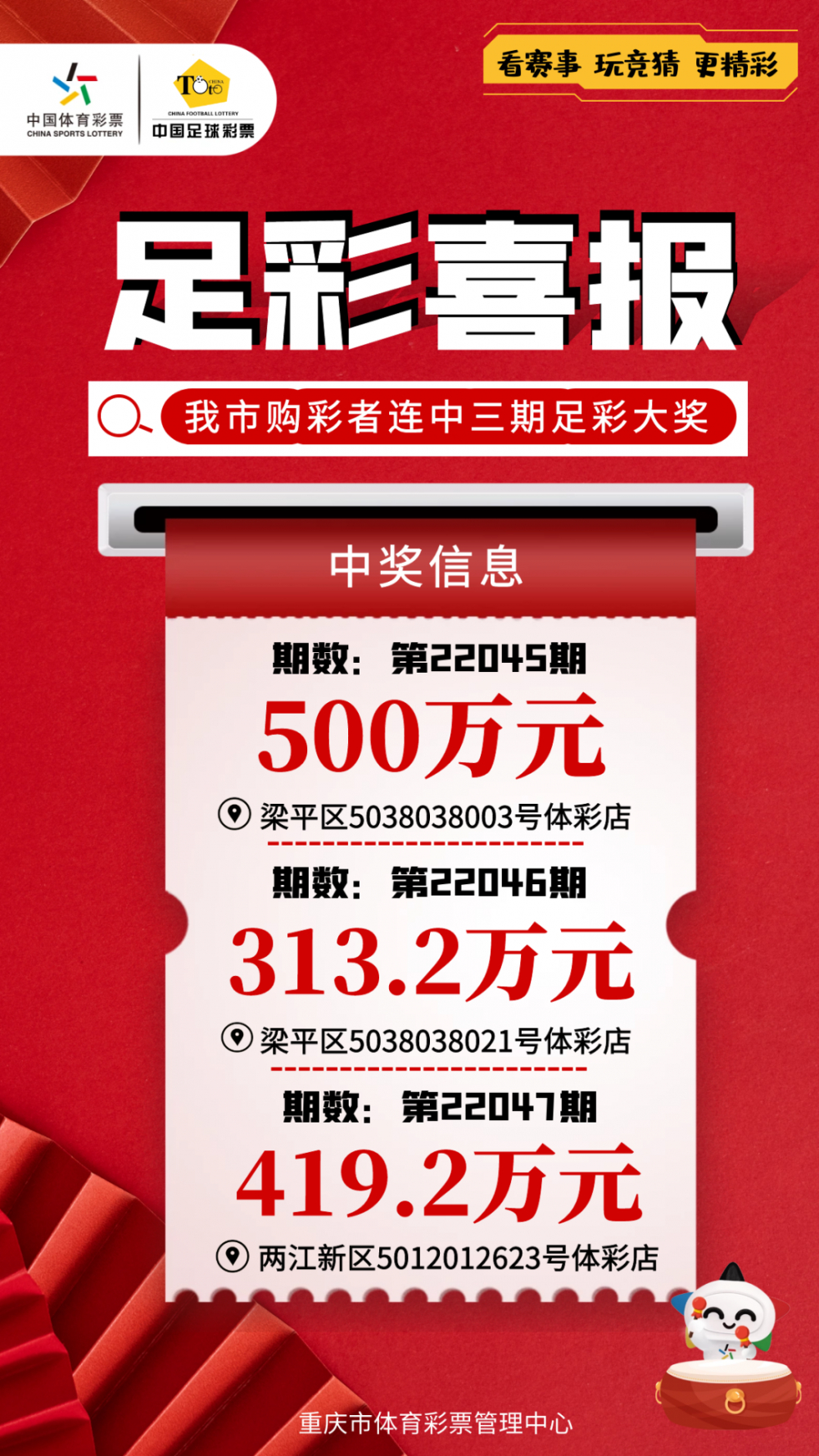 我市购彩者喜中足彩第22045期500万元封顶